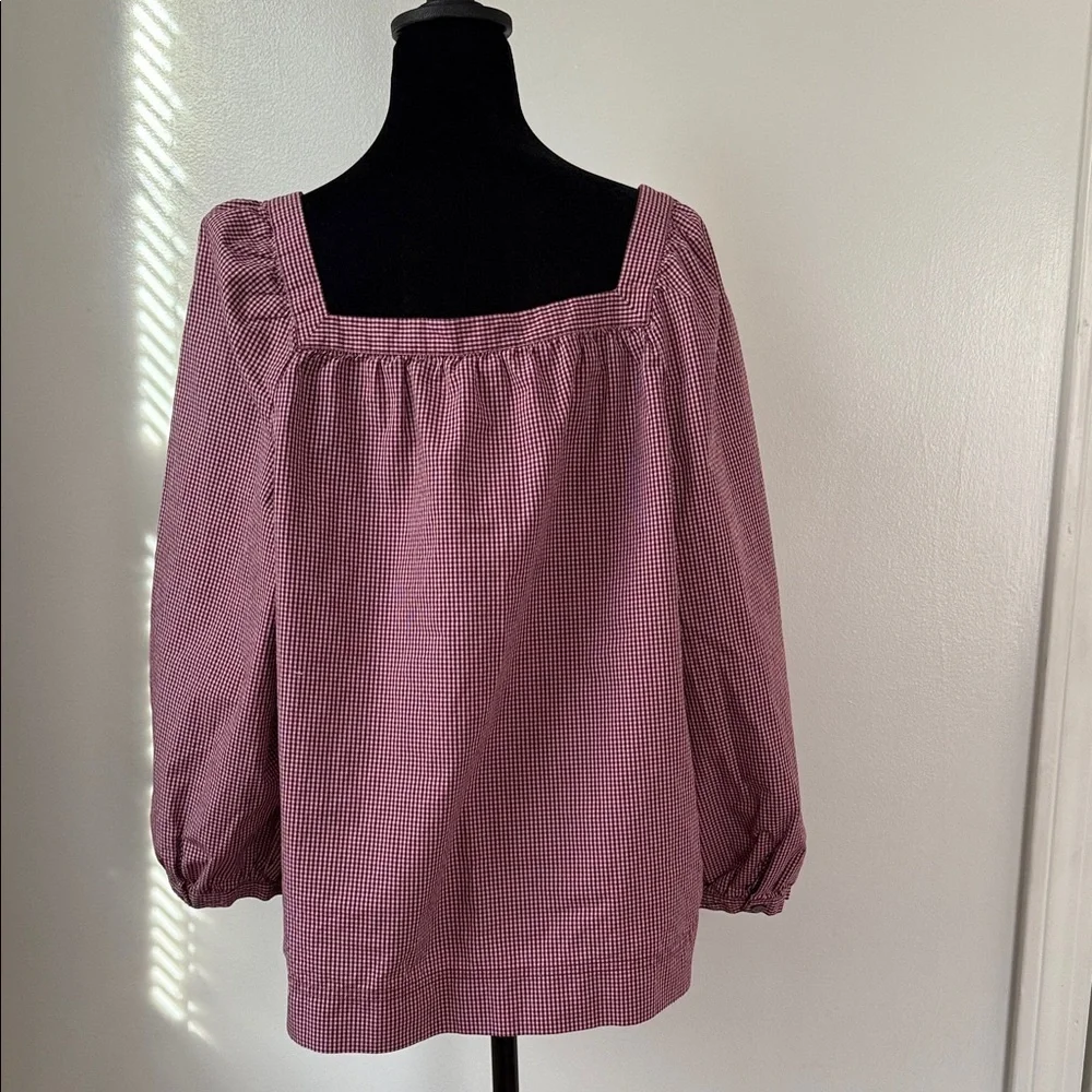 J.Crew Pink Gingham Square Neck Peasant Blouse Cottagecore Cotton XL